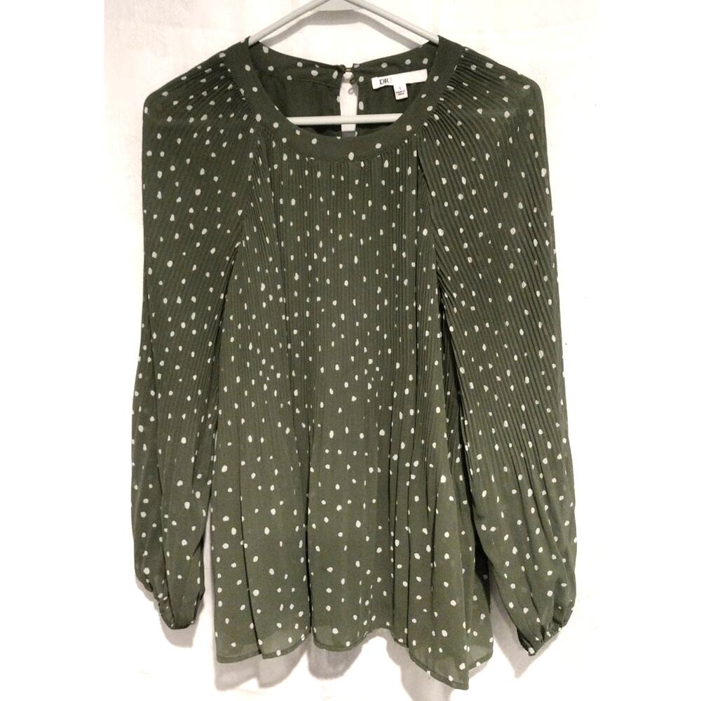 DR2 Women's Small Green Polka Dot Blouse Puff Sleeves Cottagecore Boho Chic